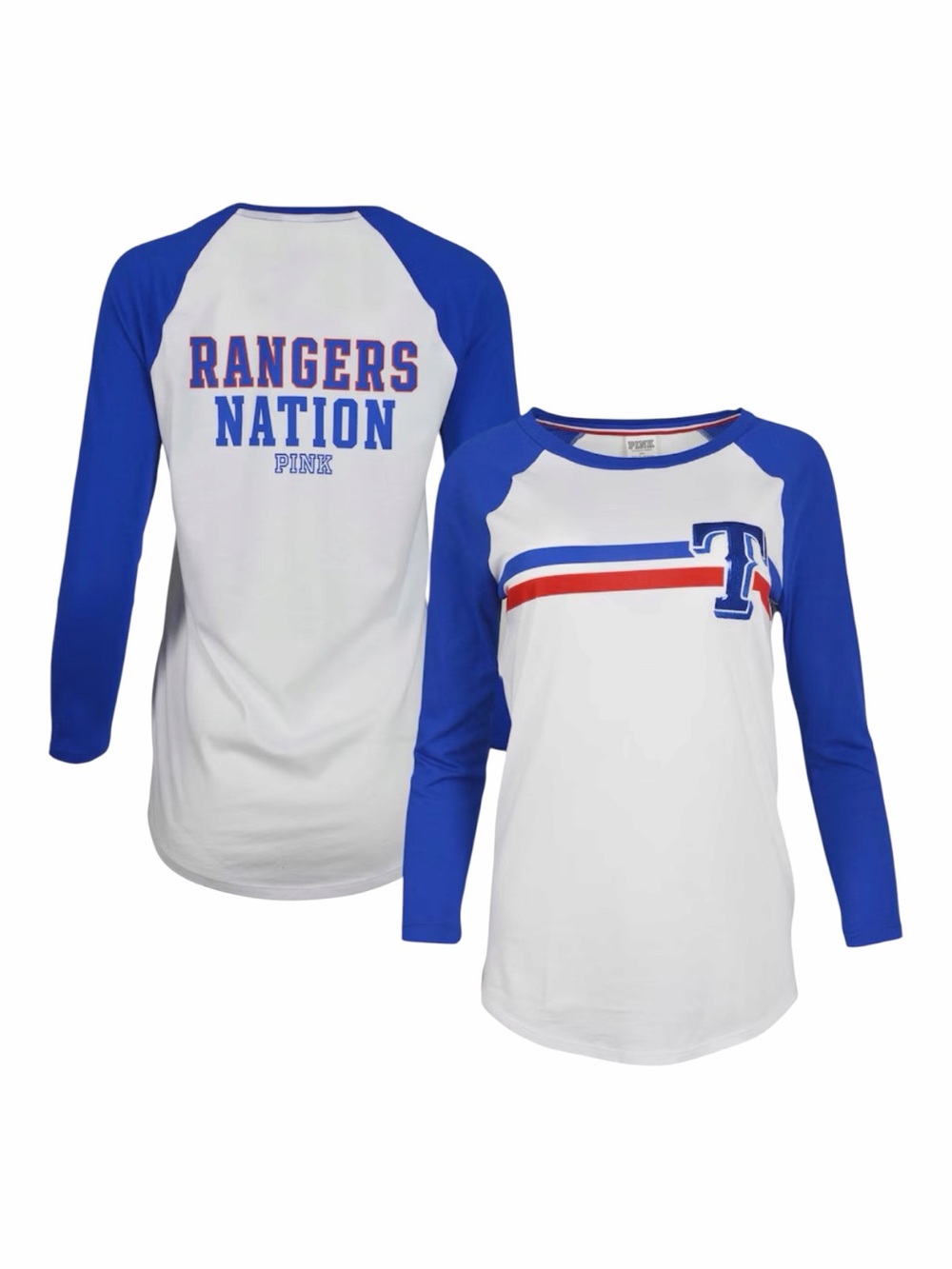 PINK NWT Victoria's Secret Texas Rangers Nation White & Blue Raglan Tee SZ Large